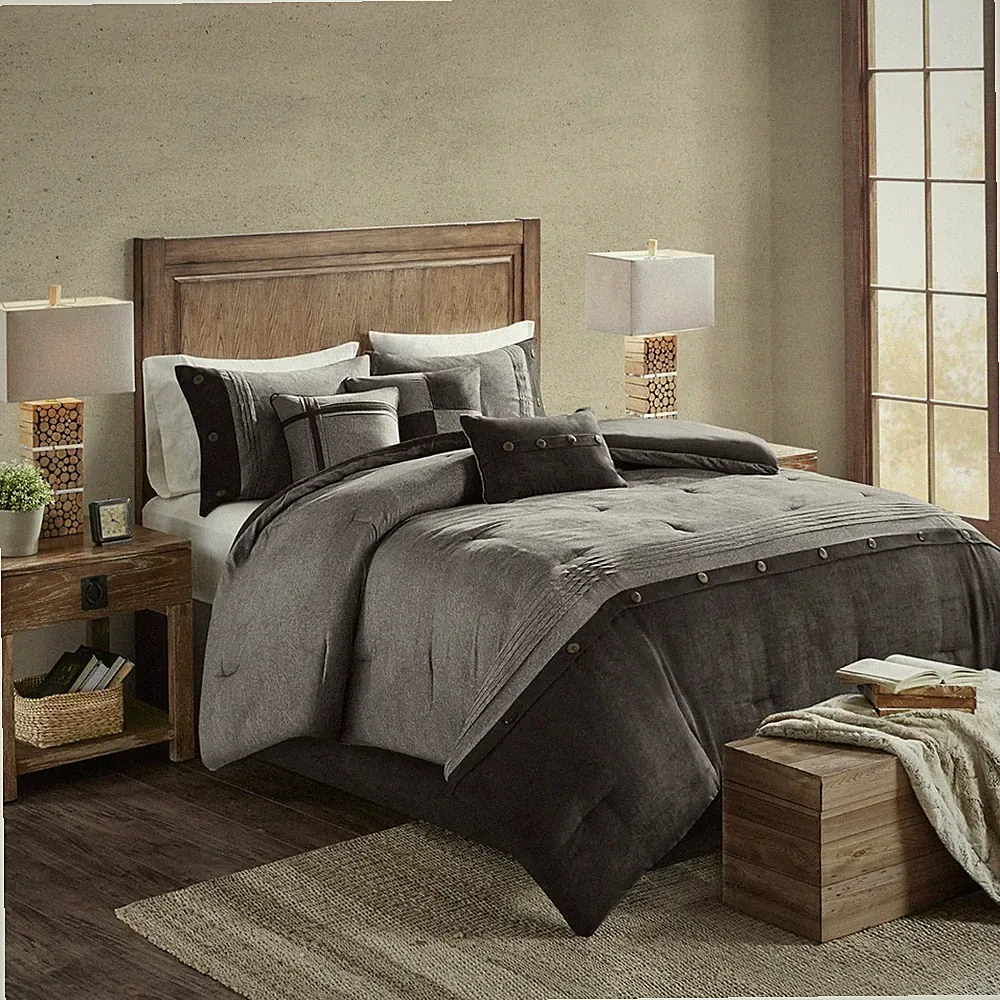 Boone Cozy 7-Piece Faux Suede Comforter Set, Queen, Rustic Grey