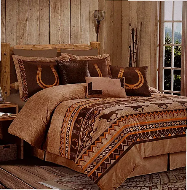 California King Brown Rust Cowboy Horse Western Faux Suede 7pc Comforter Set