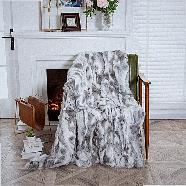 Luxury Soft Real Rabbit Fur Throw Blanket Sofa Cover Leather Bedspread 150x200cm